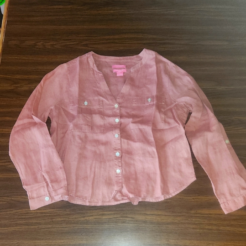 Isaac Mizrahi New York  Pink Button-Down 100% Linen Shirt